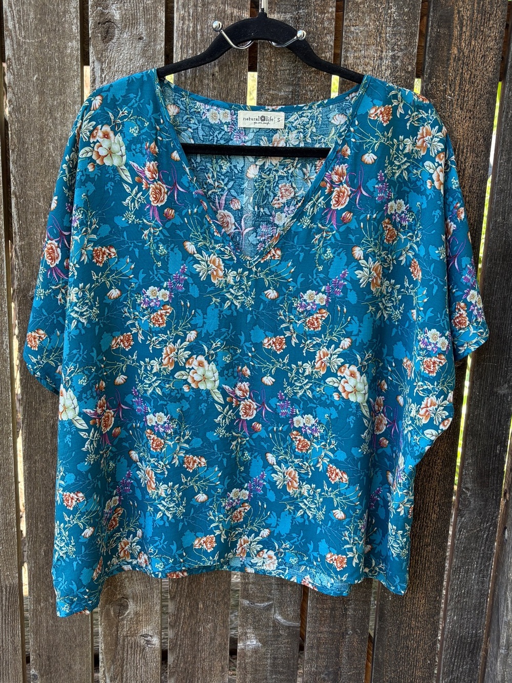 Natural Life Easy V-Neck Loose Fit Teal Floral Top In Sz S